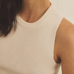 Details of a white, round neck, sleeveless women cashmere tank top - cashmere knit texture | Amanda | Linnea Lund