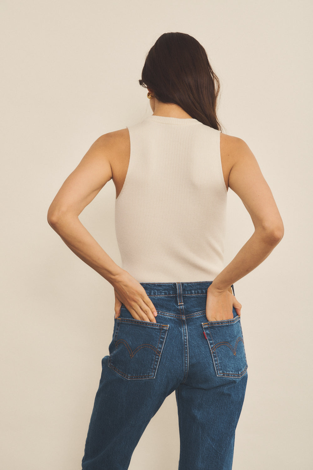 A white, round neck, sleeveless women cashmere tank top - Back vue | Amanda | Linnea Lund