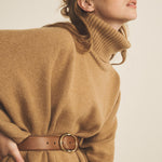 A camel, turtleneck women cashmere poncho with cut sides - side view | Angela | Linnea Lund