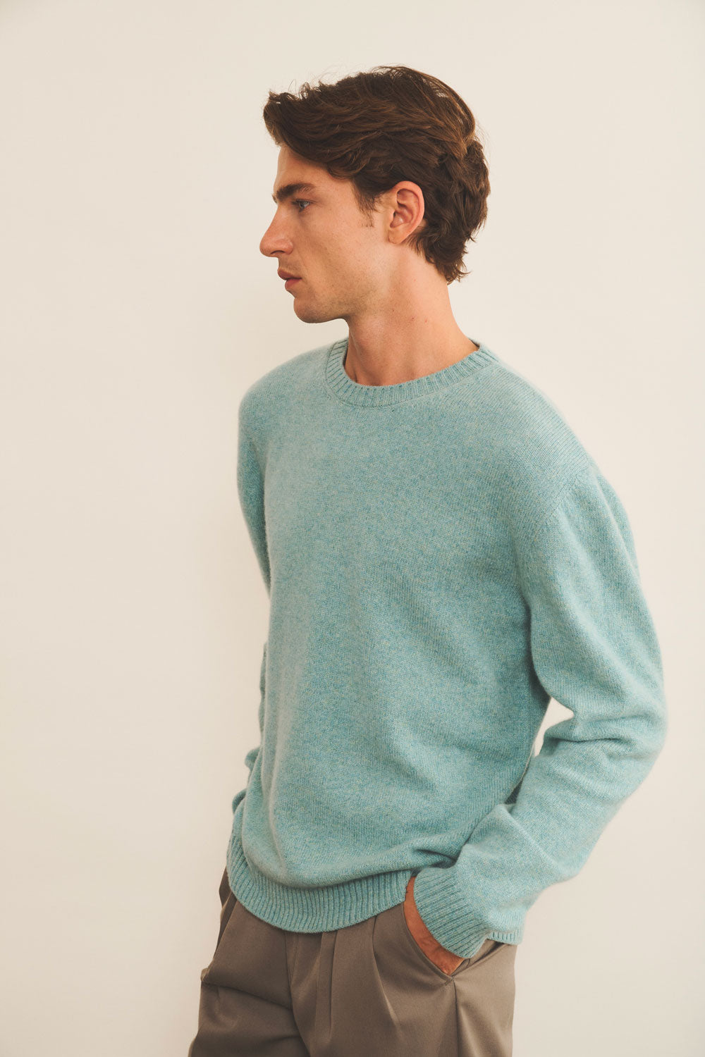 Cashmere sweater men aqua color - side view | Mimmi | Linnea Lund