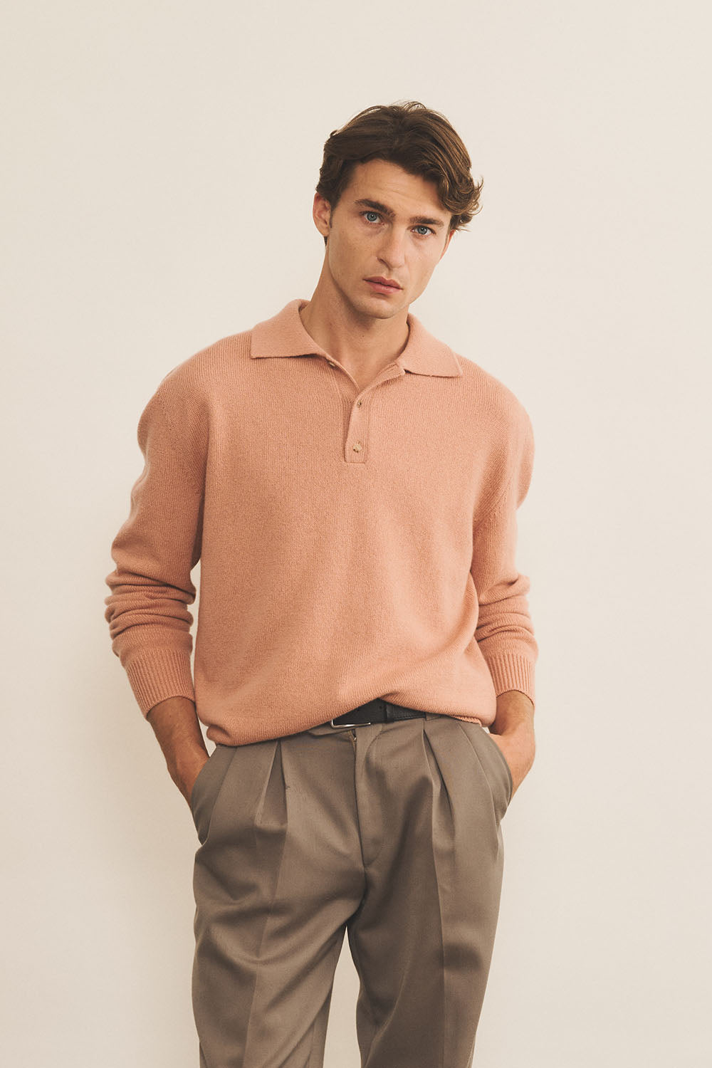 Salmon color cashmere polo sweater men - front view | Ralph | Linnea Lund
