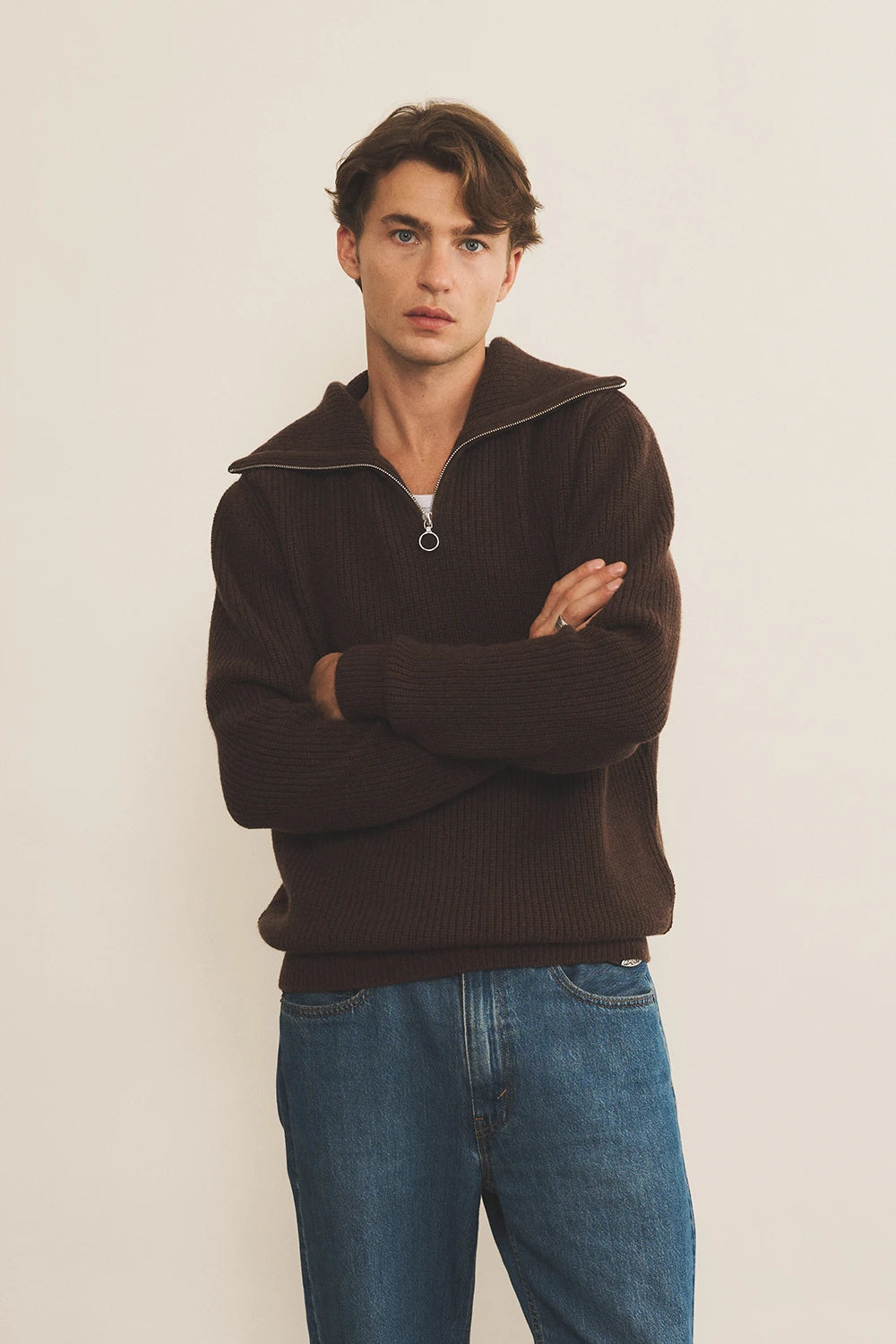 Zip collar dark brown cashmere sweater for men - front view | Sam | Linnea Lund