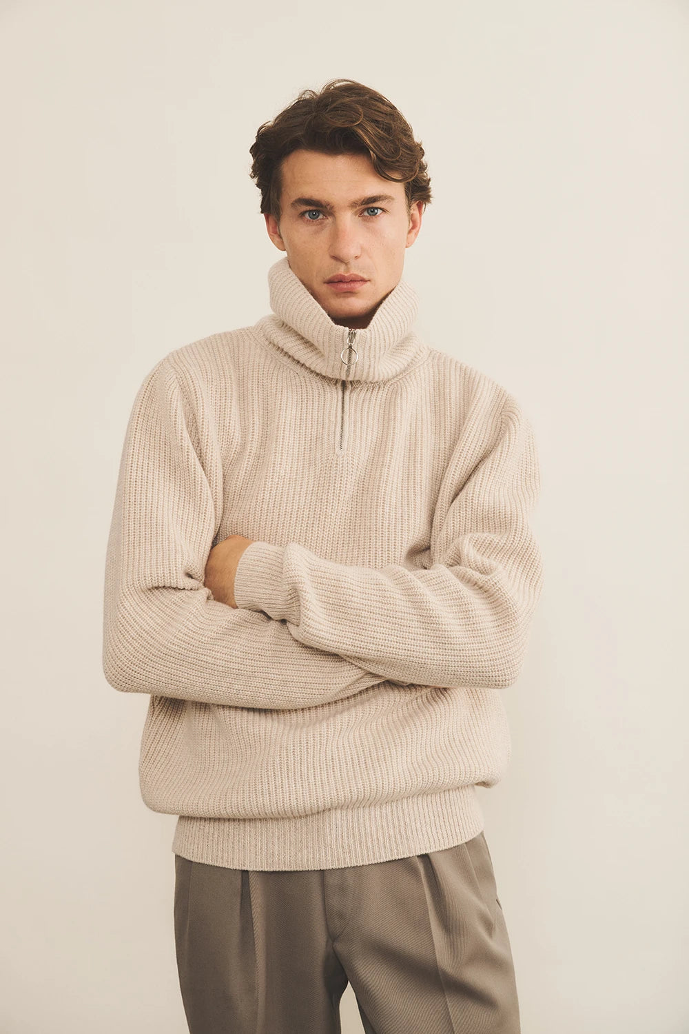 Zip collar beige cashmere sweater for men - front view | Sam | Linnea Lund