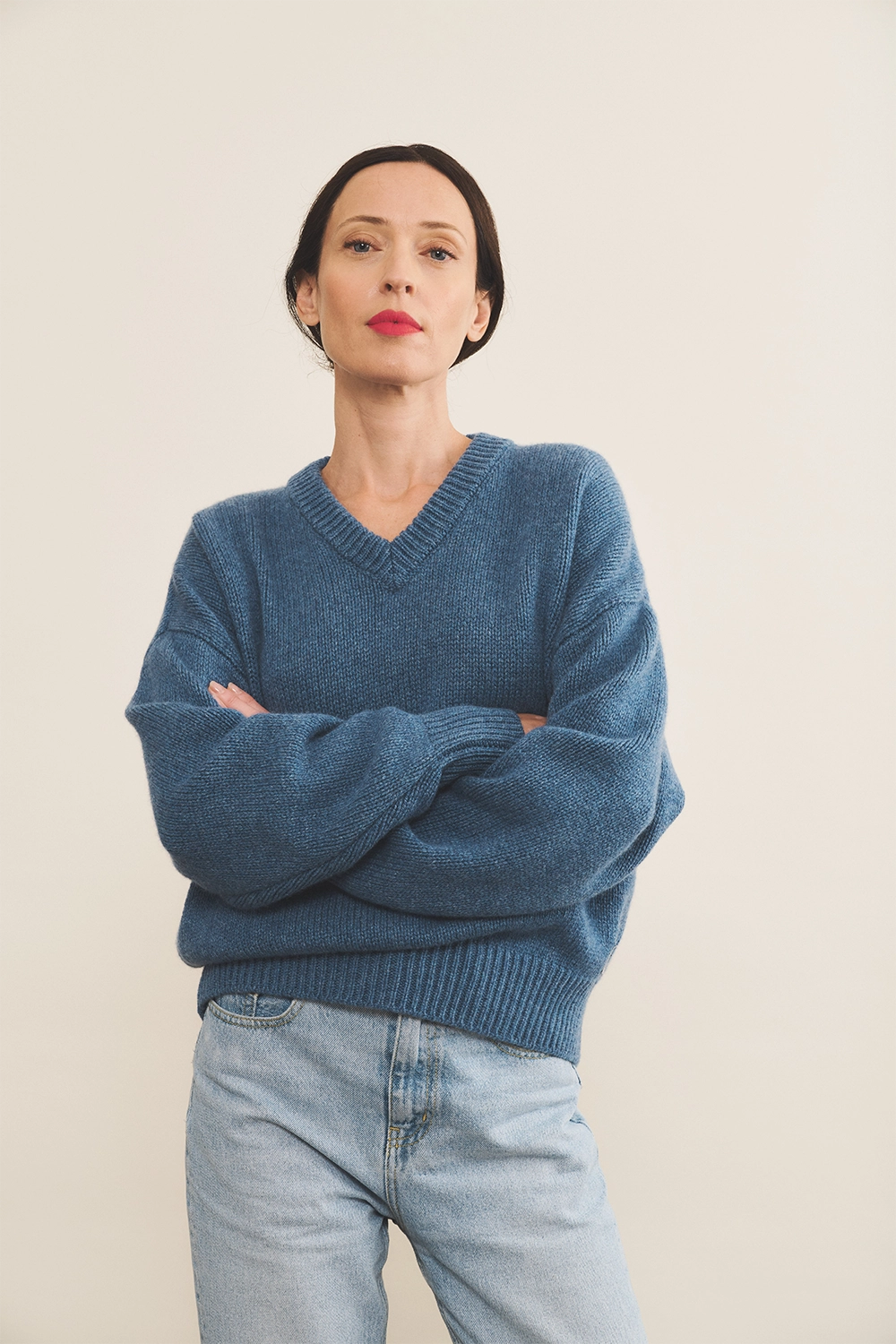 blue denim color cashmere sweater women - look | Emilie | Linnea Lund