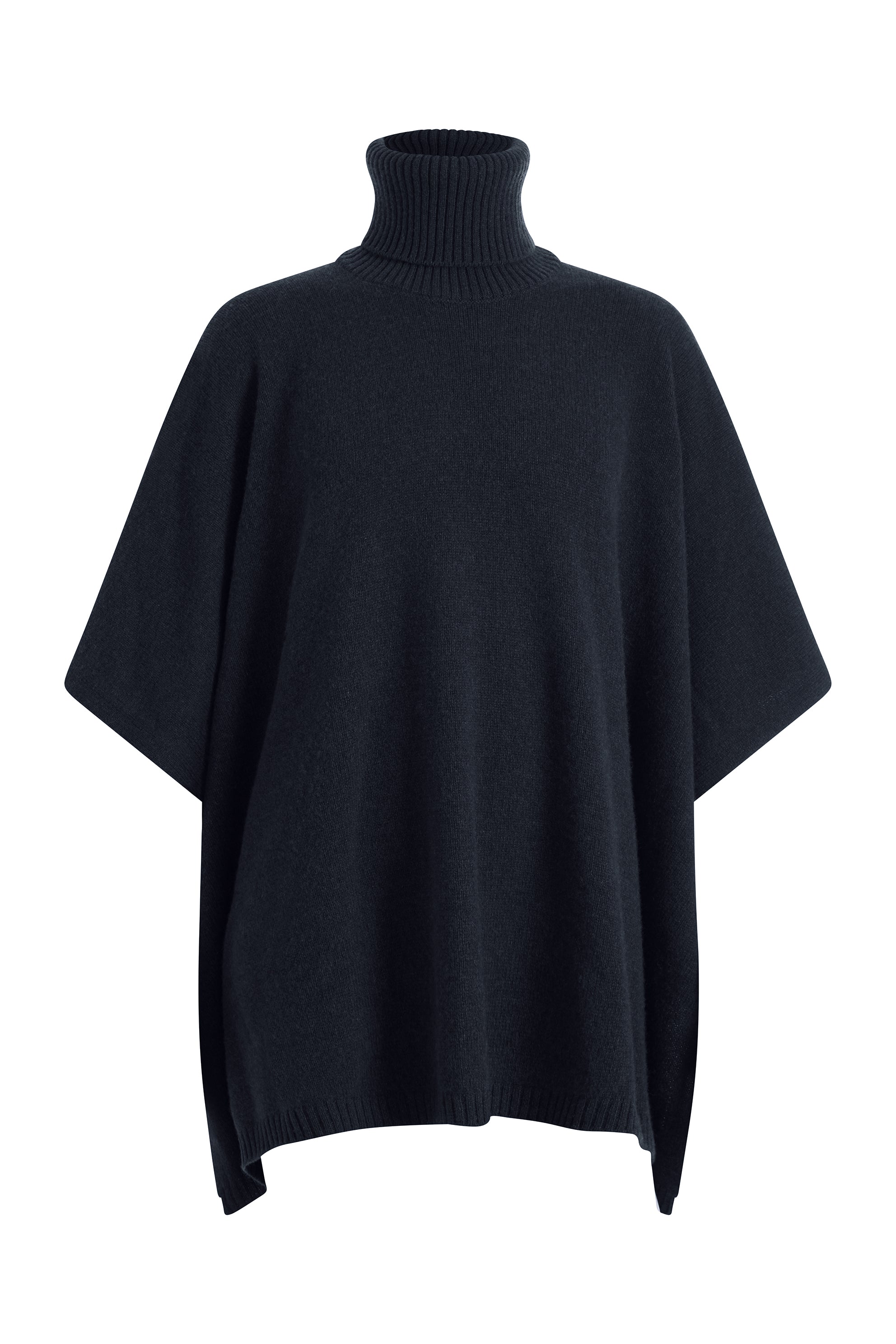 Dark navy cashmere poncho with turtleneck collar