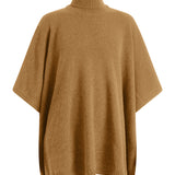 Brown cashmere poncho with turtleneck collar.