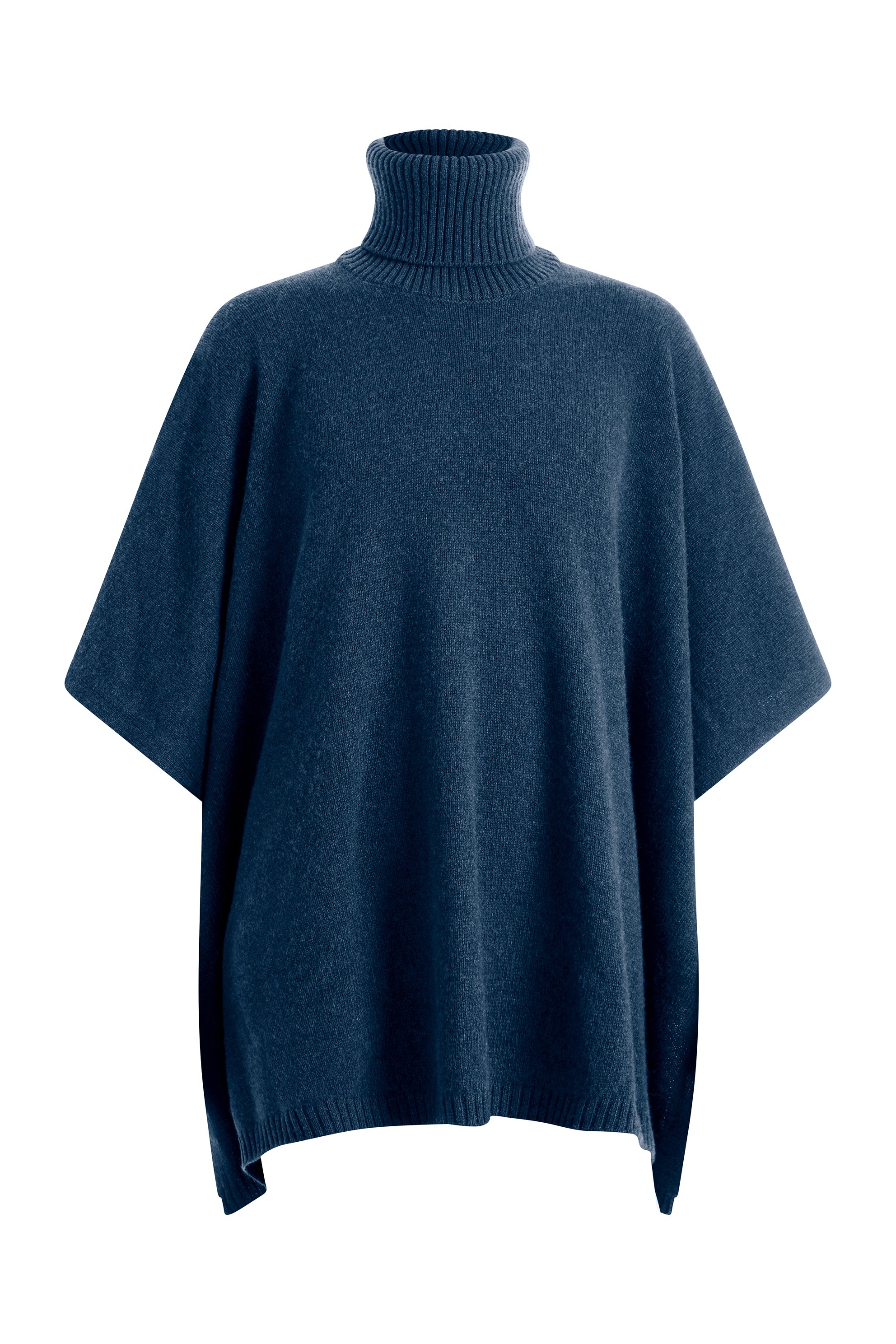 Dark blue cashmere poncho with turtle neck collar