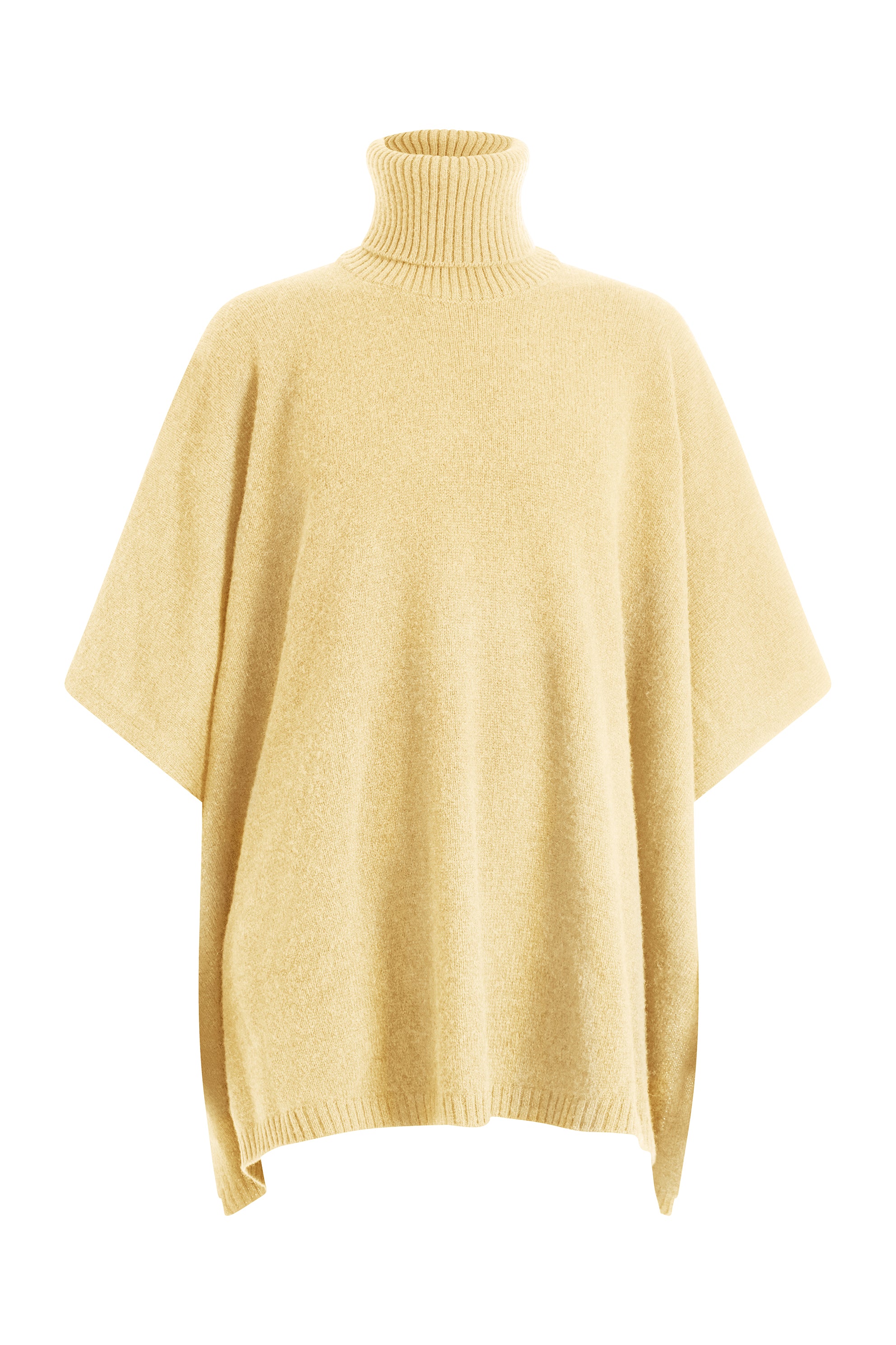 Pastel yellow cashmere poncho with turtle neck collar