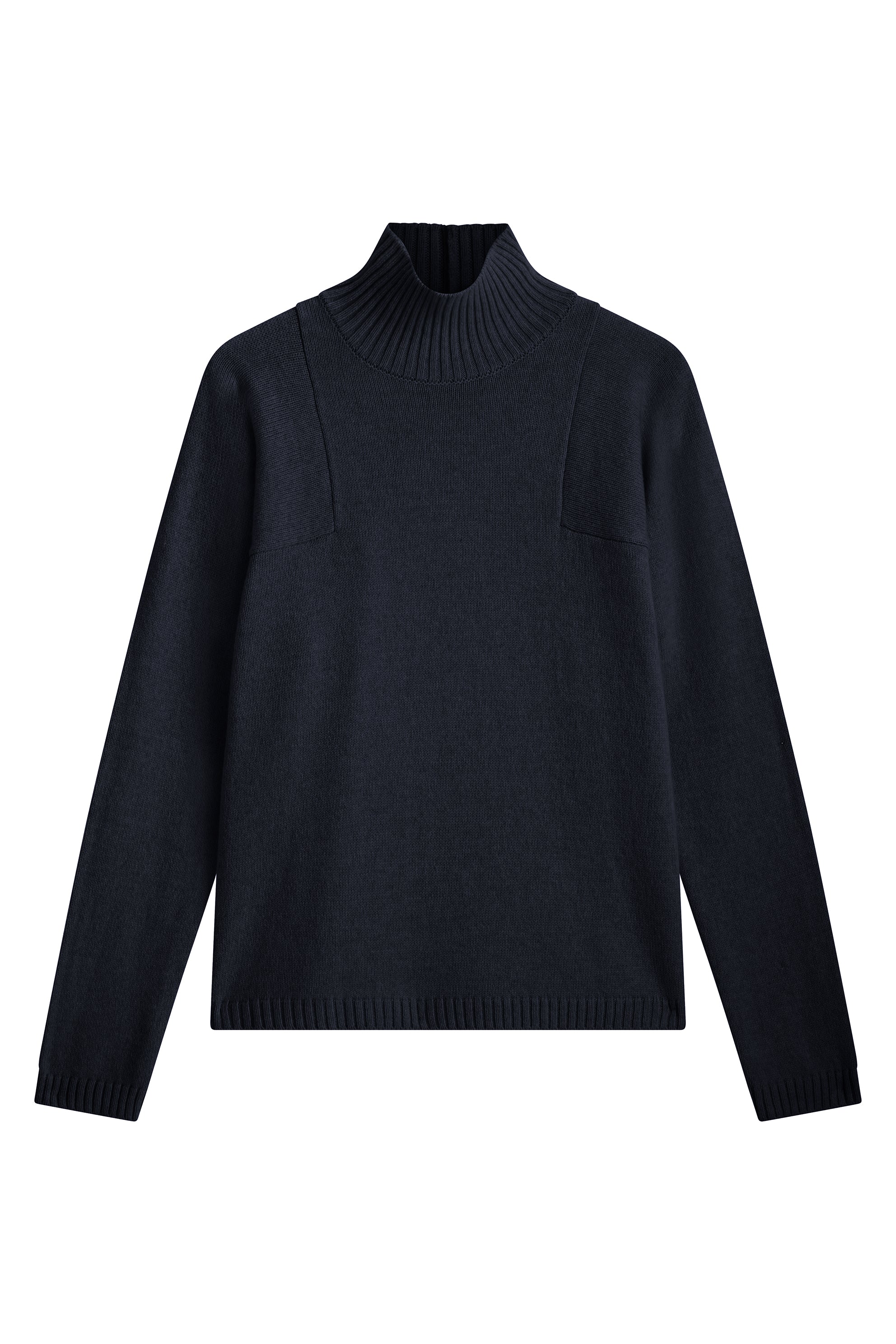 dark navy cashmere turtle neck with deep modified drop sleeves.