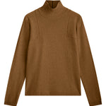 brown cashmere turtle neck with deep modified drop sleeves.