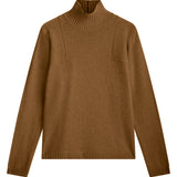 brown cashmere turtle neck with deep modified drop sleeves.