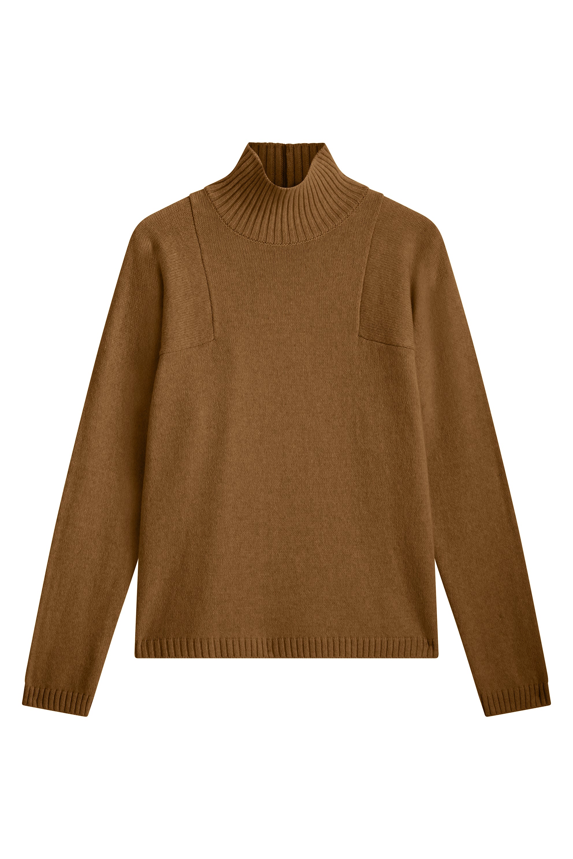 brown cashmere turtle neck with deep modified drop sleeves.