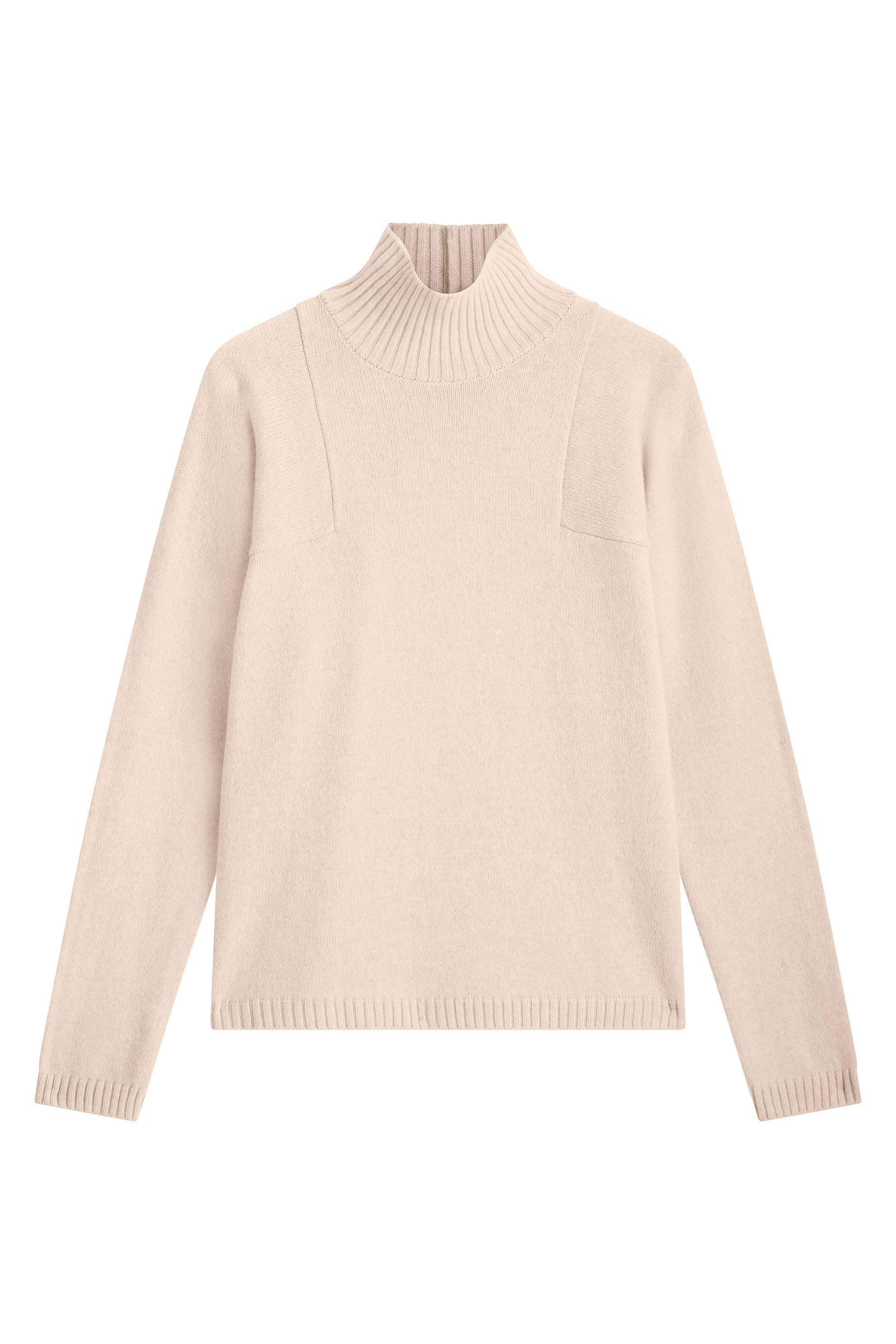 light pink cashmere turtle neck with deep modified drop sleeves