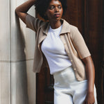 Women's casual chic look, beige polo cashmere top on cream cashmere tank top | Elise & Amanda | Linnea Lund