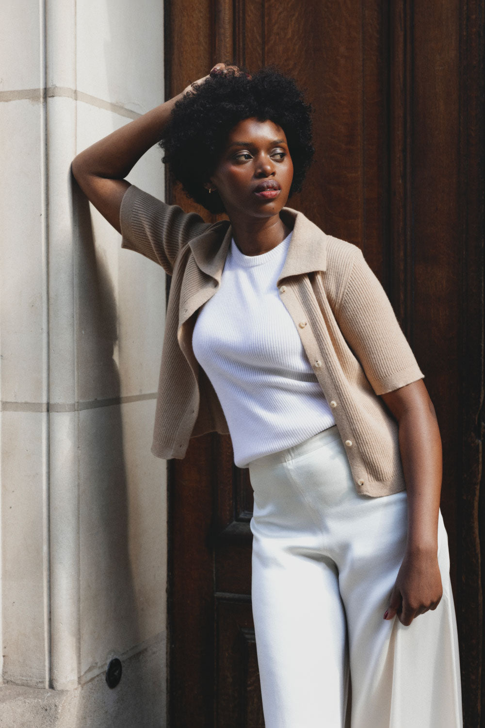 Women's casual chic look, beige polo cashmere top on cream cashmere tank top | Elise & Amanda | Linnea Lund