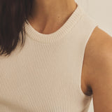 Details of a white, round neck, sleeveless women cashmere tank top - cashmere knit texture | Amanda | Linnea Lund