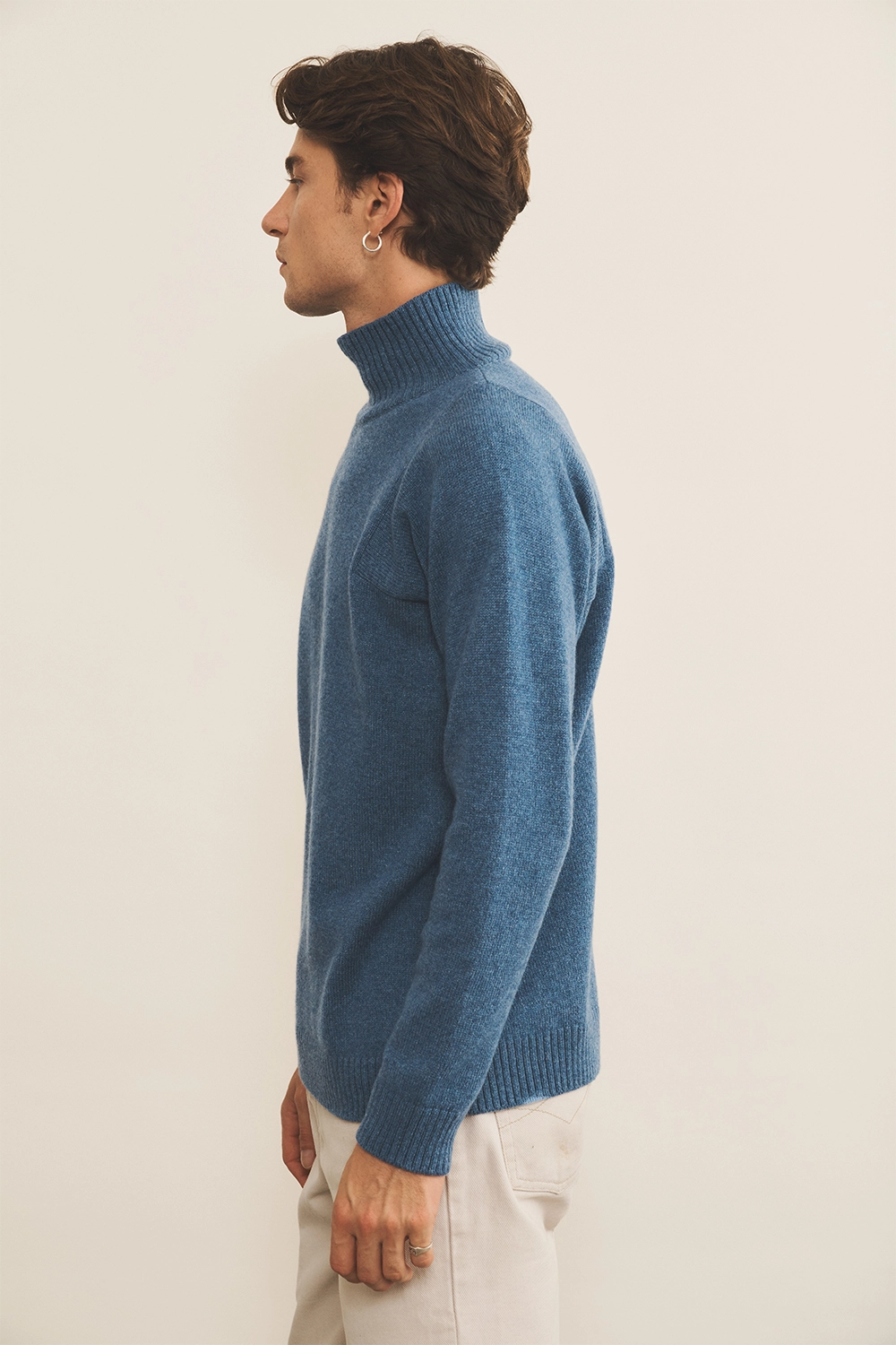 Blue Denim Cashmere sweater men - side view | Charles | Linnea Lund