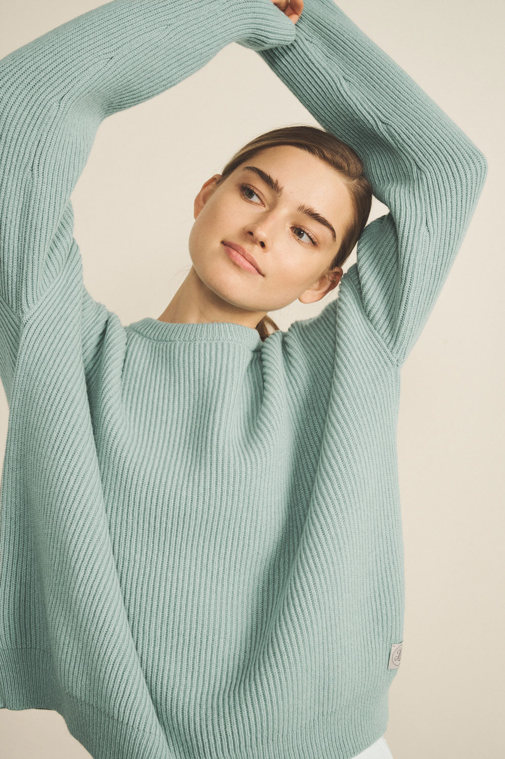 Ribbed aqua blue women cashmere sweater - focus view | Edward | Linnea Lund