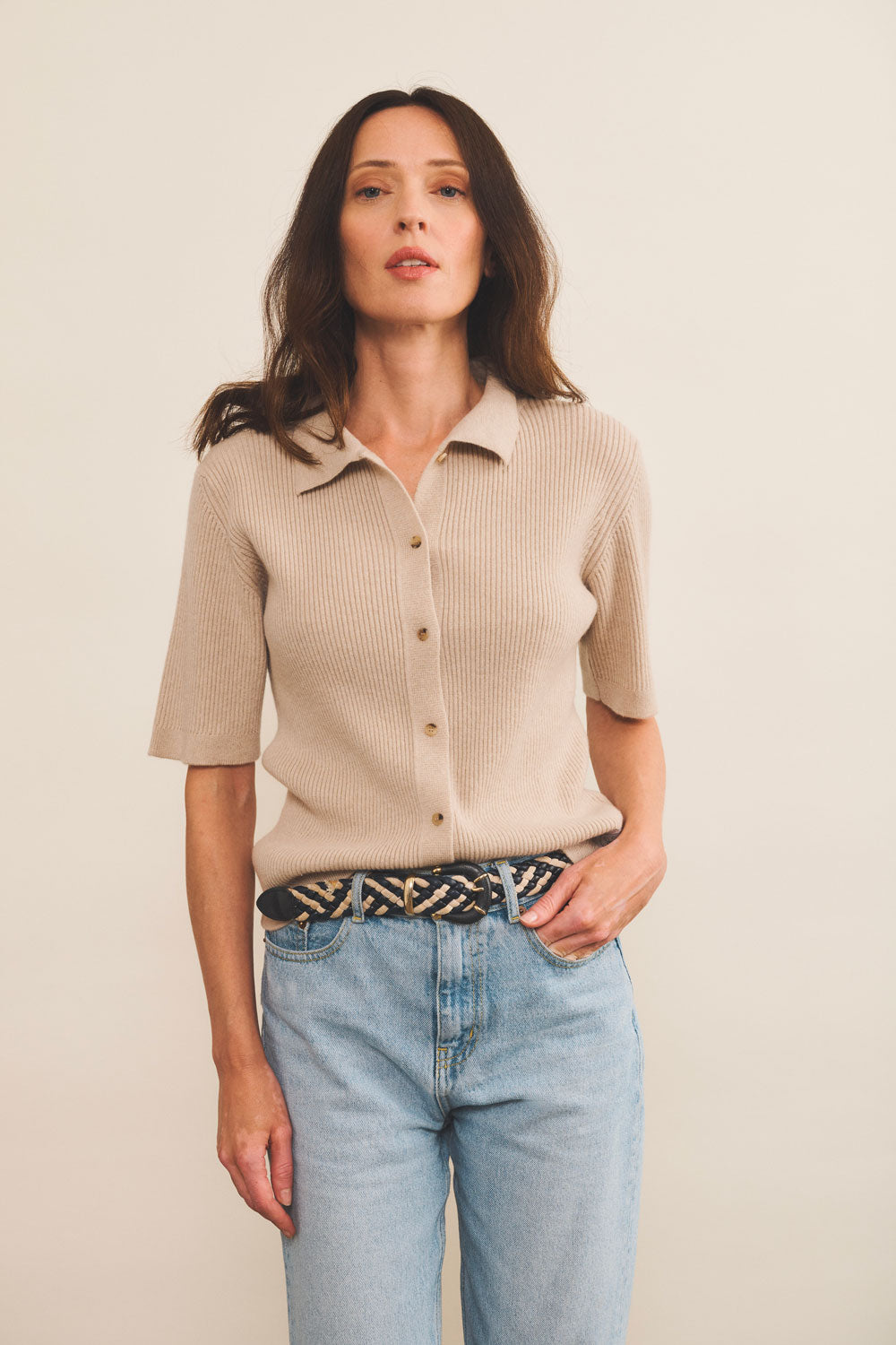 Cashmere polo women beige - front view | Elise | Linnea Lund