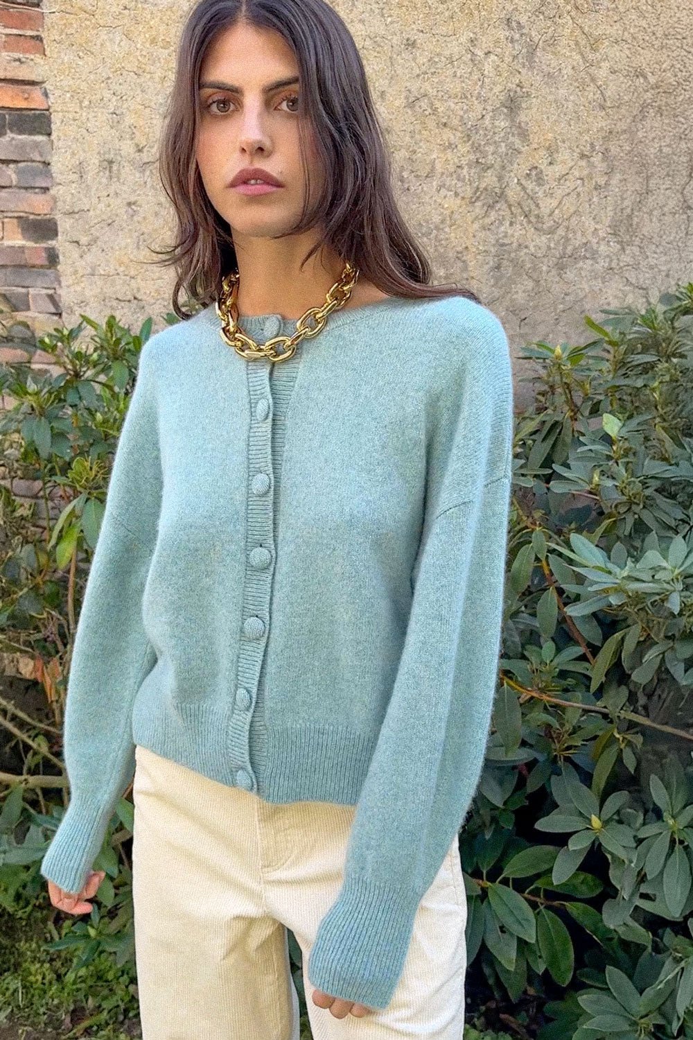 Aqua blue cashmere cardigan women | Gabriella - front view | Linnea Lund