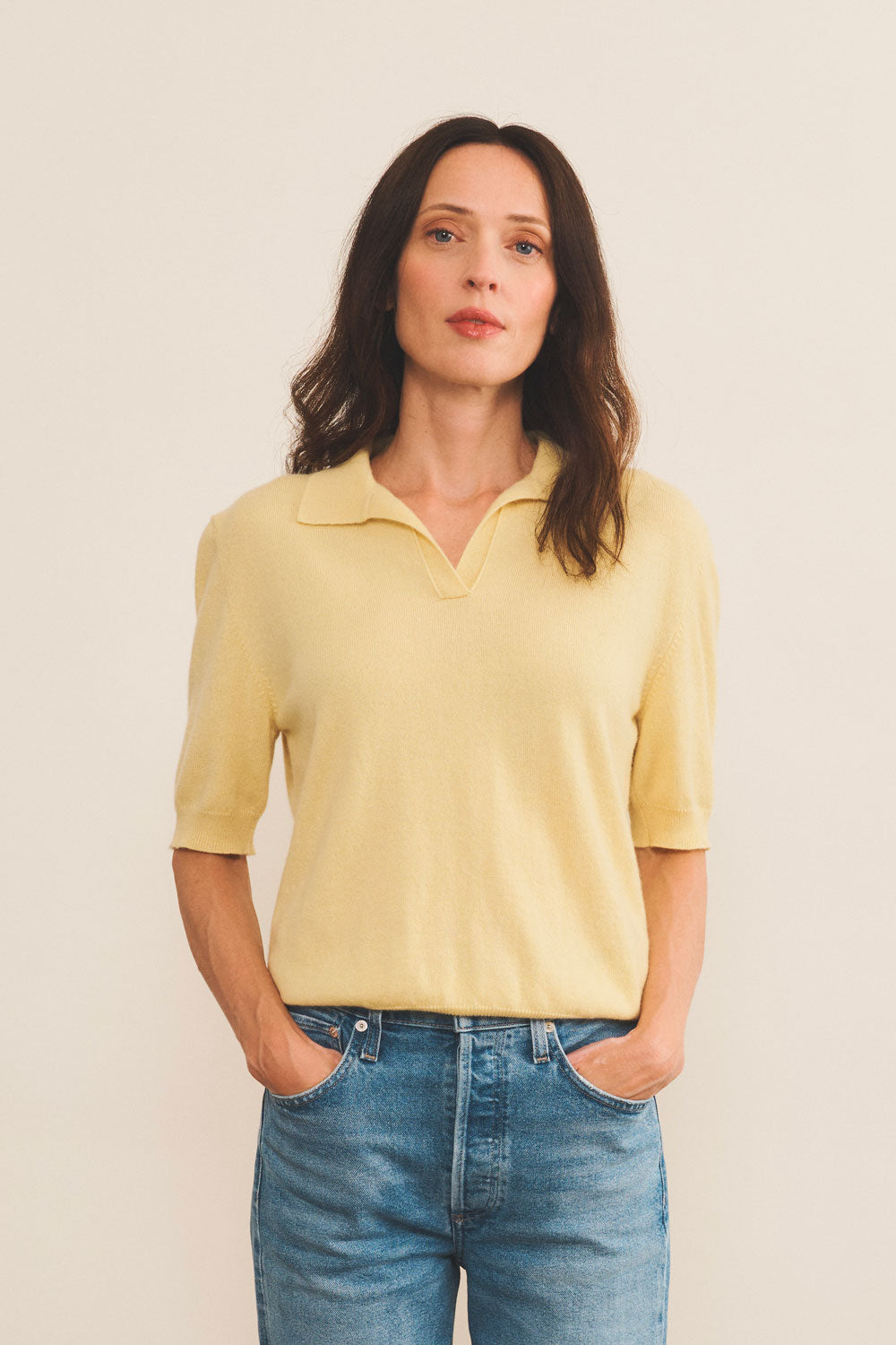Cashmere polo women yellow - front view | Isabella | Linnea Lund