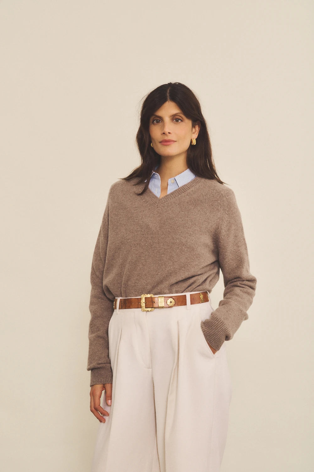 Taupe women cashmere sweater - front view | Jack | Linnea Lund