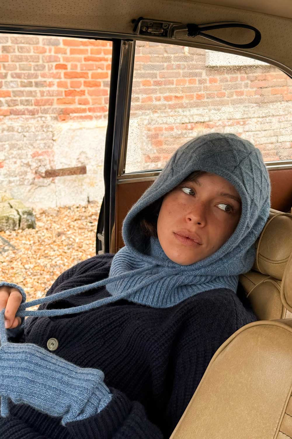 Blue cashmere balaclava with diamond pattern - front view | Marine | Linnea Lund