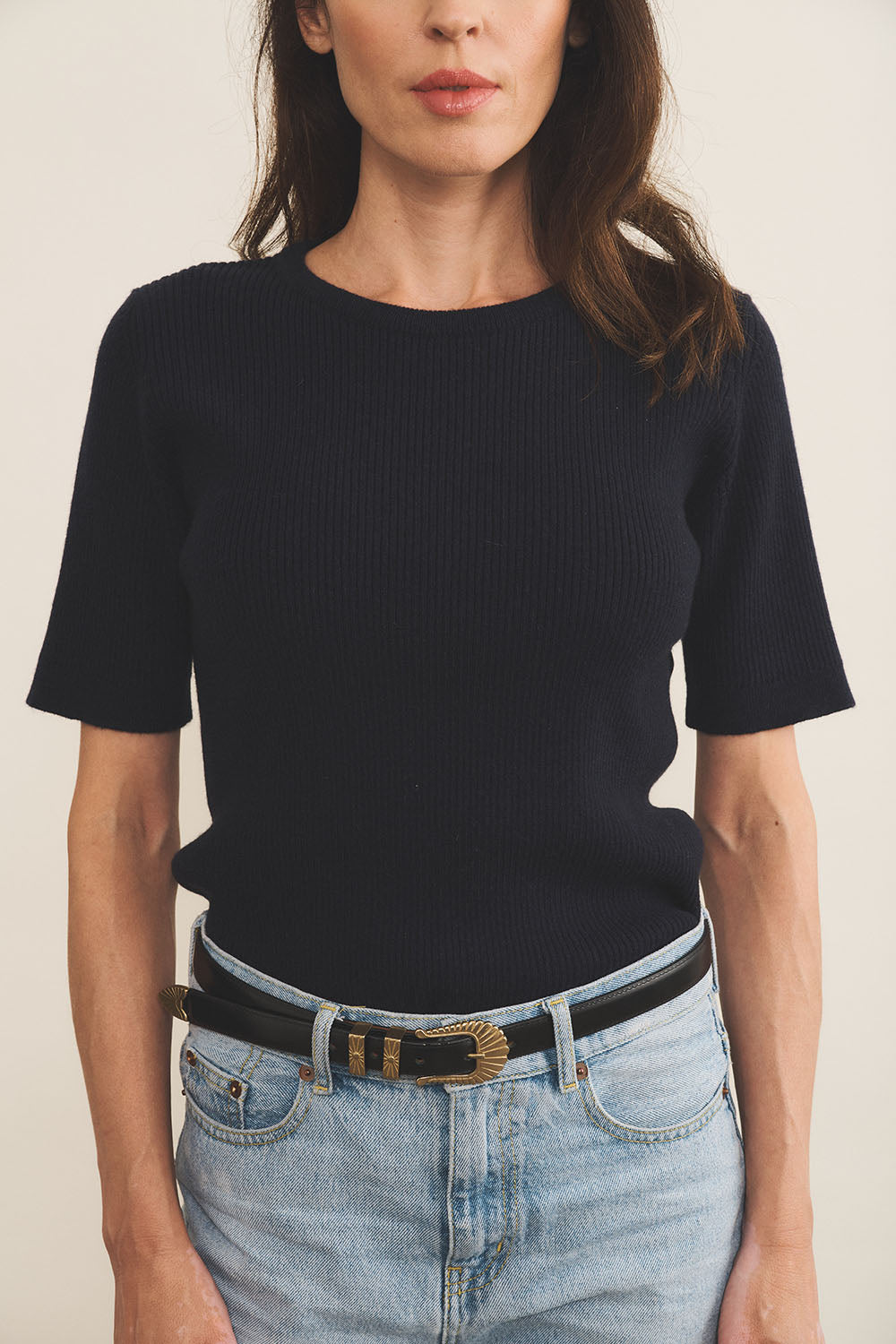 Midnight blue Women Cashmere Tee-shirt - focus view | Melanie | Linnea Lund