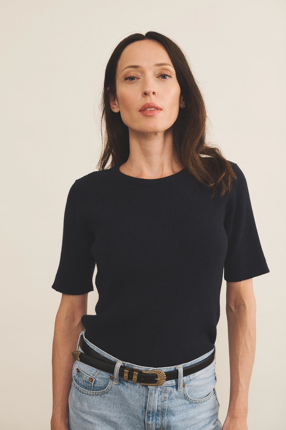 Midnight blue Women Cashmere Tee-shirt - front view | Melanie | Linnea Lund
