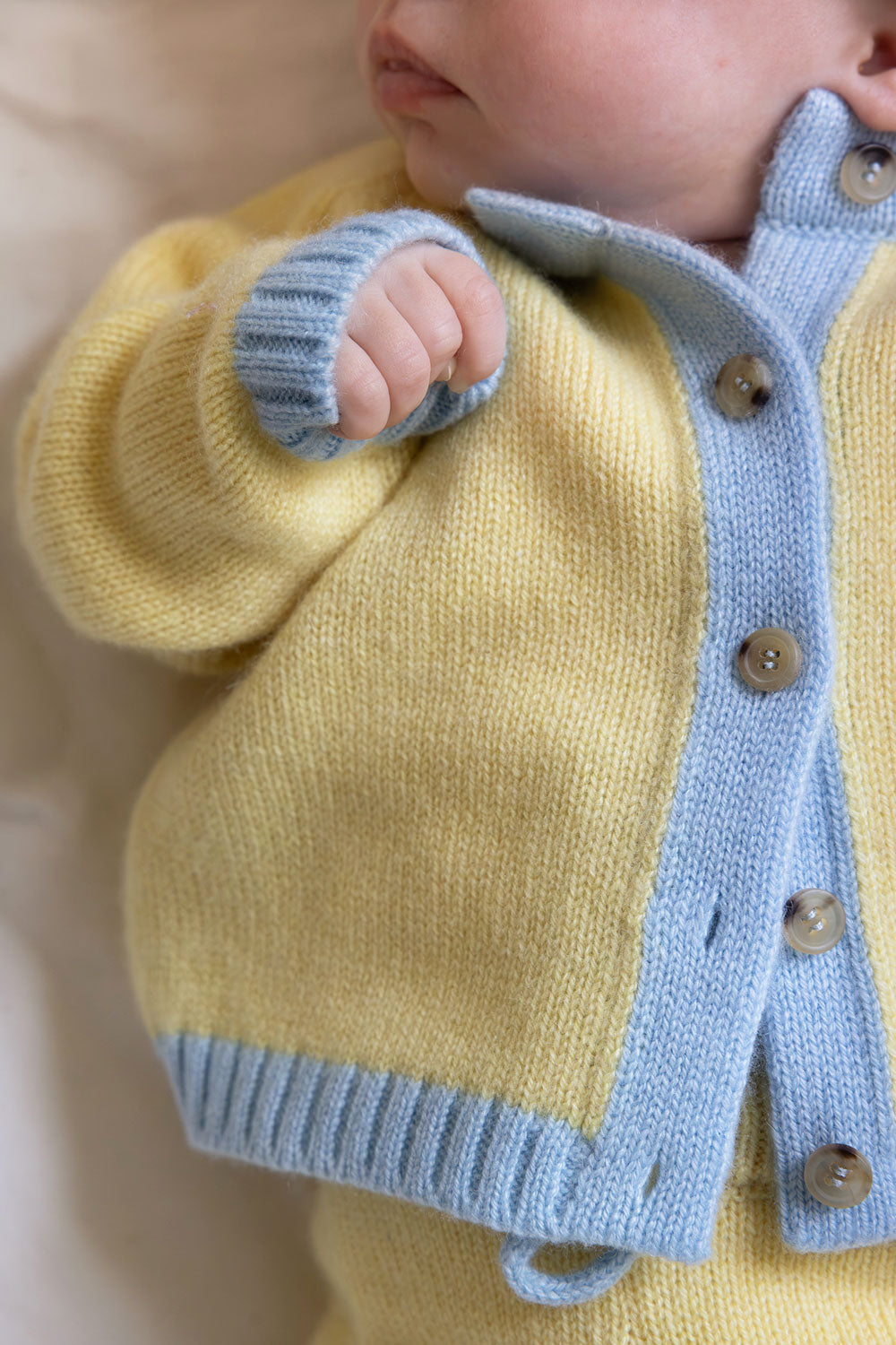 Baby cashmere cardigan yellow and blue, detail | Phoebe | Linnea Lund