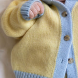 Baby cashmere cardigan yellow and blue, detail | Phoebe | Linnea Lund