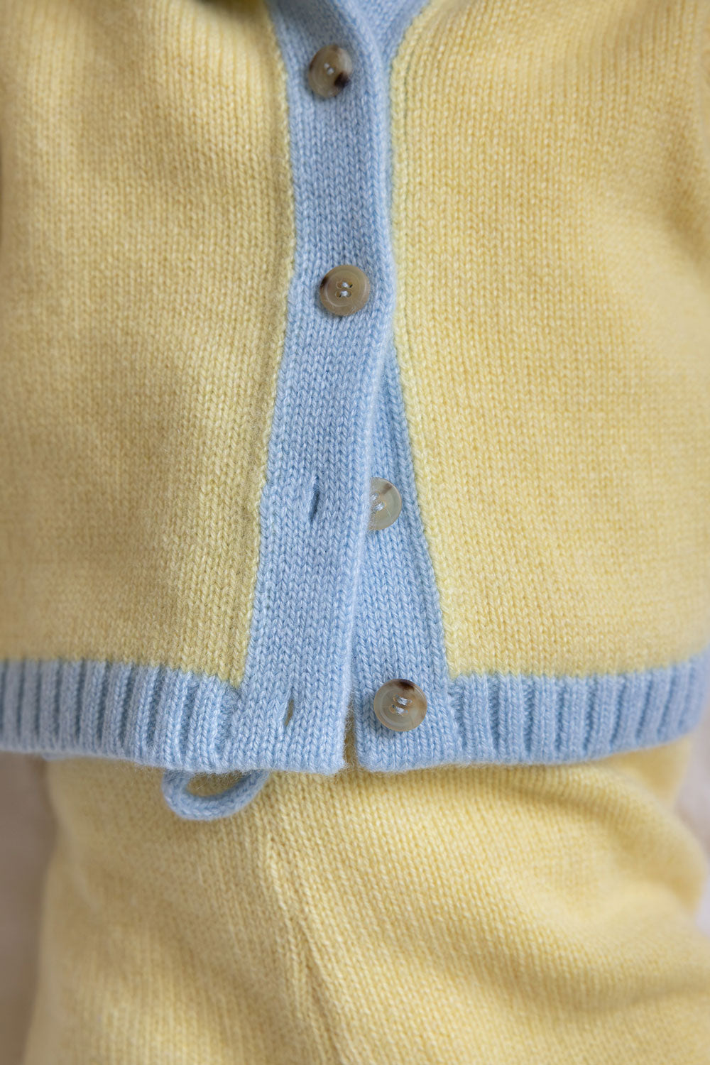 Baby cashmere cardigan yellow and blue, close-up | Phoebe | Linnea Lund