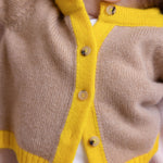 Baby cashmere cardigan camel and yellow, close-up | Phoebe | Linnea Lund