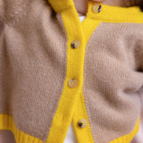 Baby cashmere cardigan camel and yellow, close-up | Phoebe | Linnea Lund