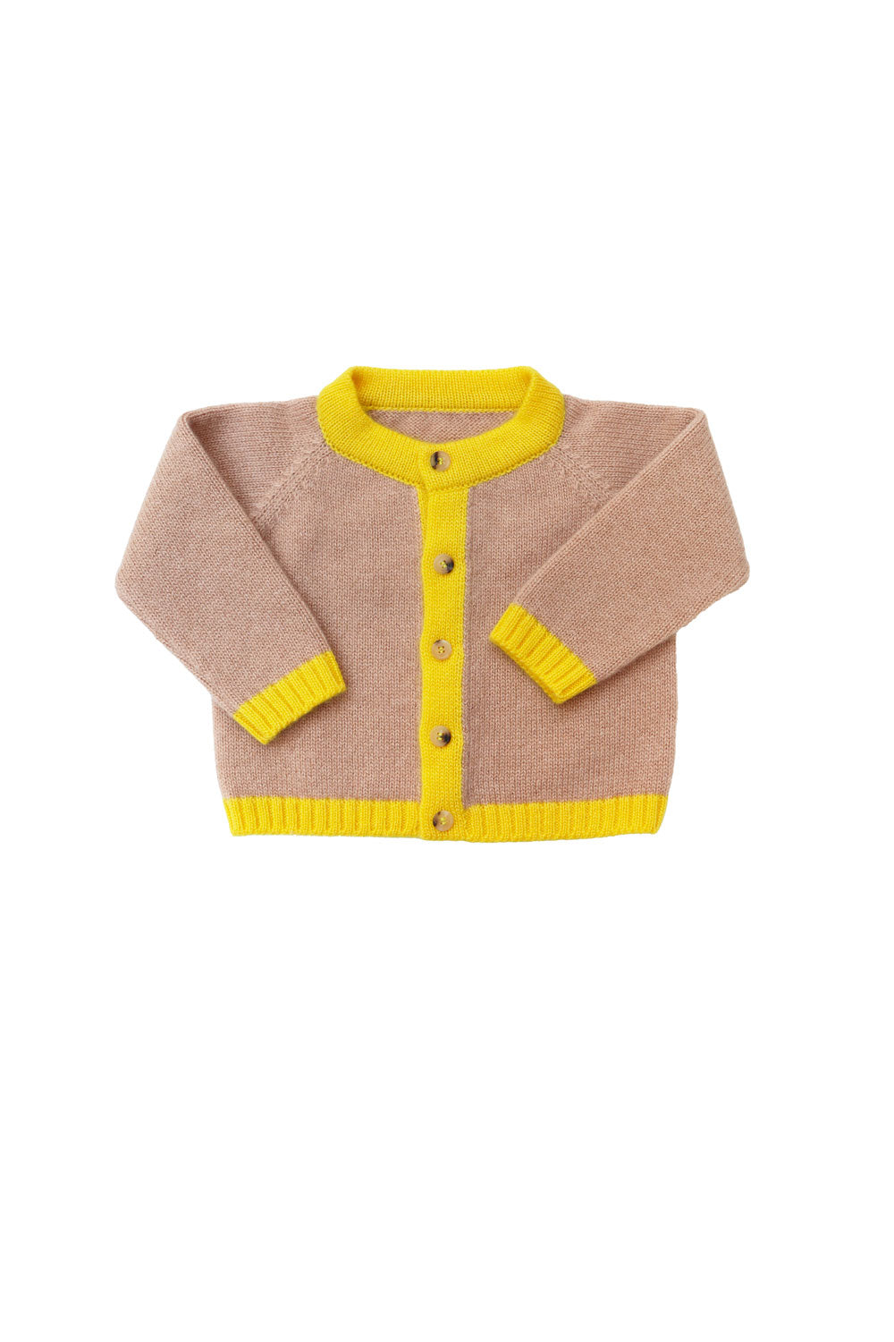 Baby cashmere cardigan camel and yellow | Phoebe | Linnea Lund