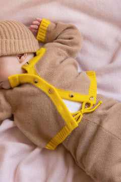 Baby cashmere cardigan camel and yellow | Phoebe | Linnea Lund