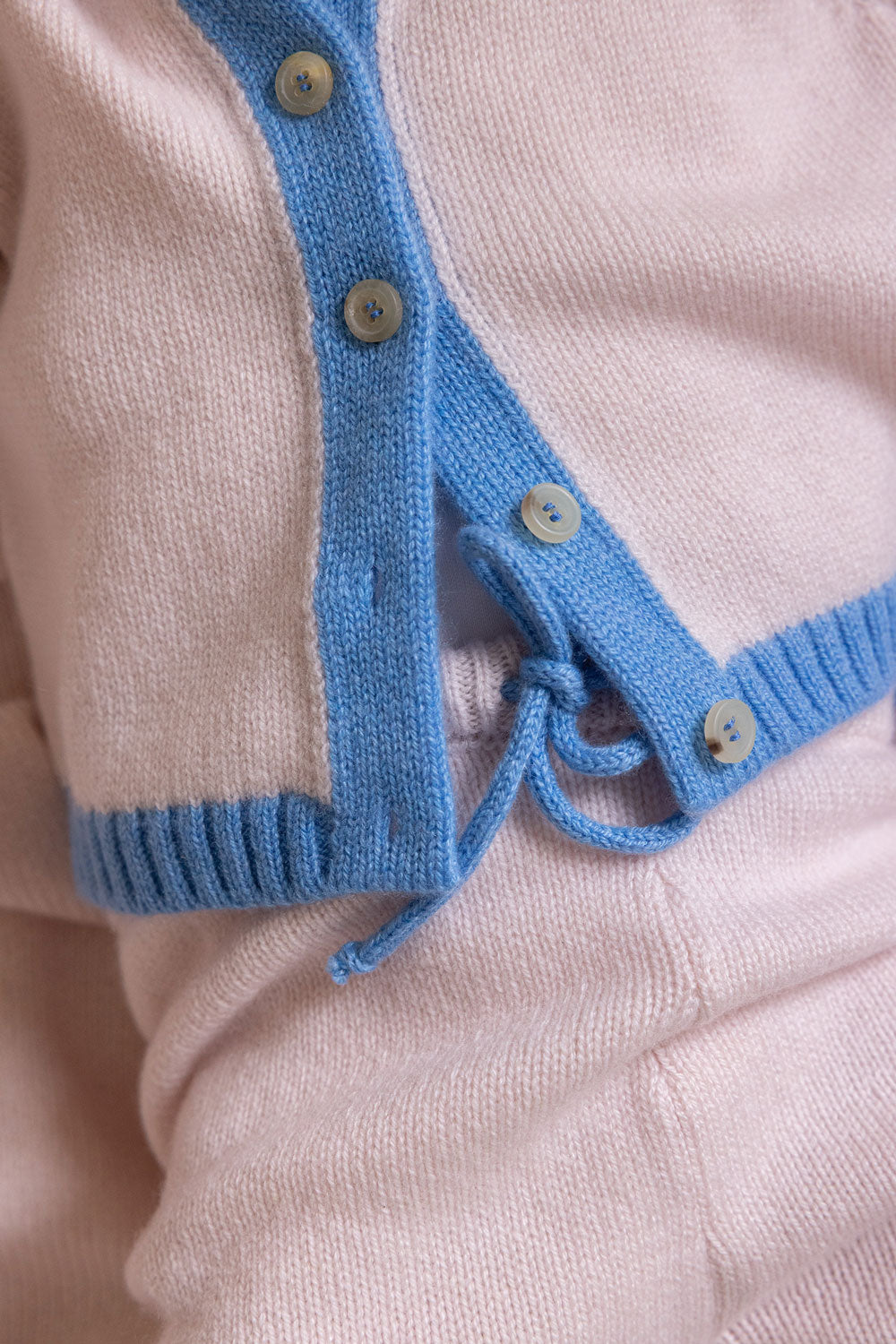 Baby cashmere cardigan light pink and blue, detail | Phoebe | Linnea Lund