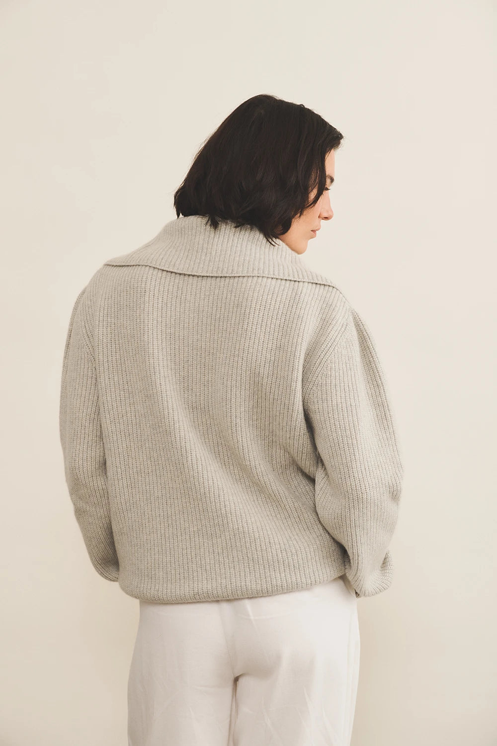Zip collar light grey cashmere sweater for women - back view | Sam | Linnea Lund
