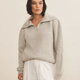 Zip collar light grey cashmere sweater for women - front view | Sam | Linnea Lund
