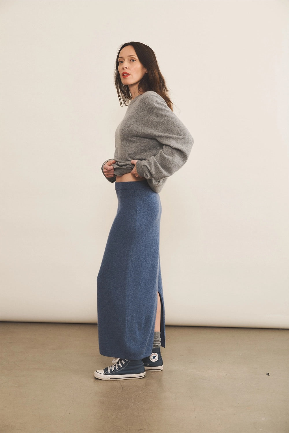 denim blue women cashmere skirt - side view | Astrid | Linnea Lund
