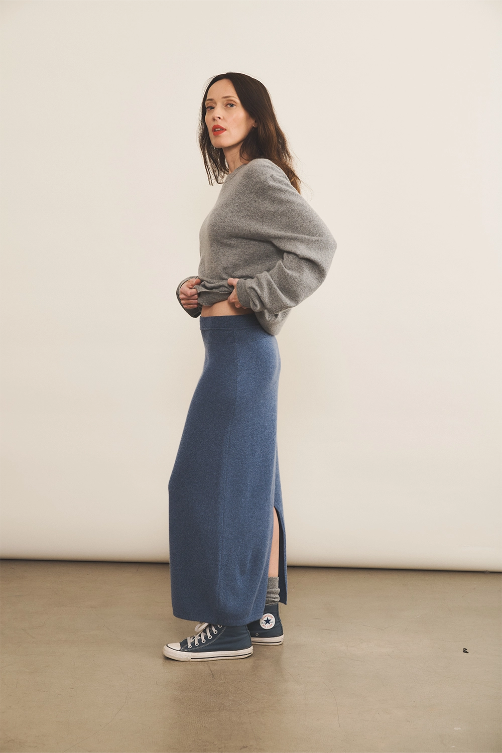 denim blue women cashmere skirt - side view | Astrid | Linnea Lund
