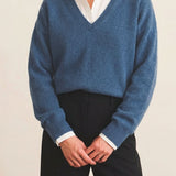 Deep V neck cashmere sweater denim blue women | Cadaques | Linnea Lund