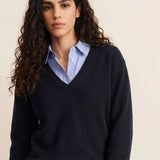 Deep V neck cashmere sweater midnight blue women | Cadaques | Linnea Lund