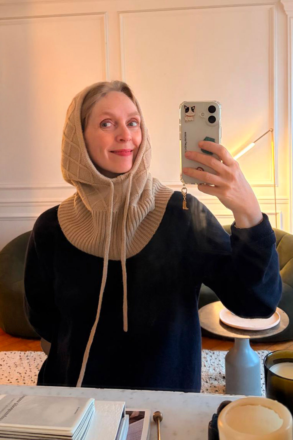 Beige cashmere balaclava with diamond pattern | Marine | Linnea Lund