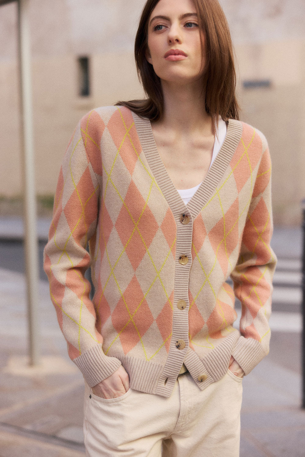 Beige jacquard cashmere cardigan women | Ebbe | Linnea Lund 