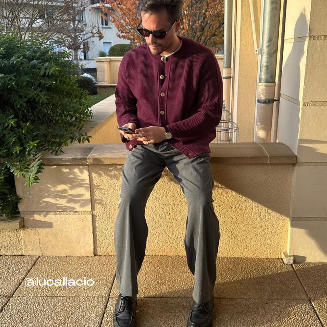 Luca Gallaccio influencer "lucallaccio" wearing the Linnea Lund cashmere cardigan Carole