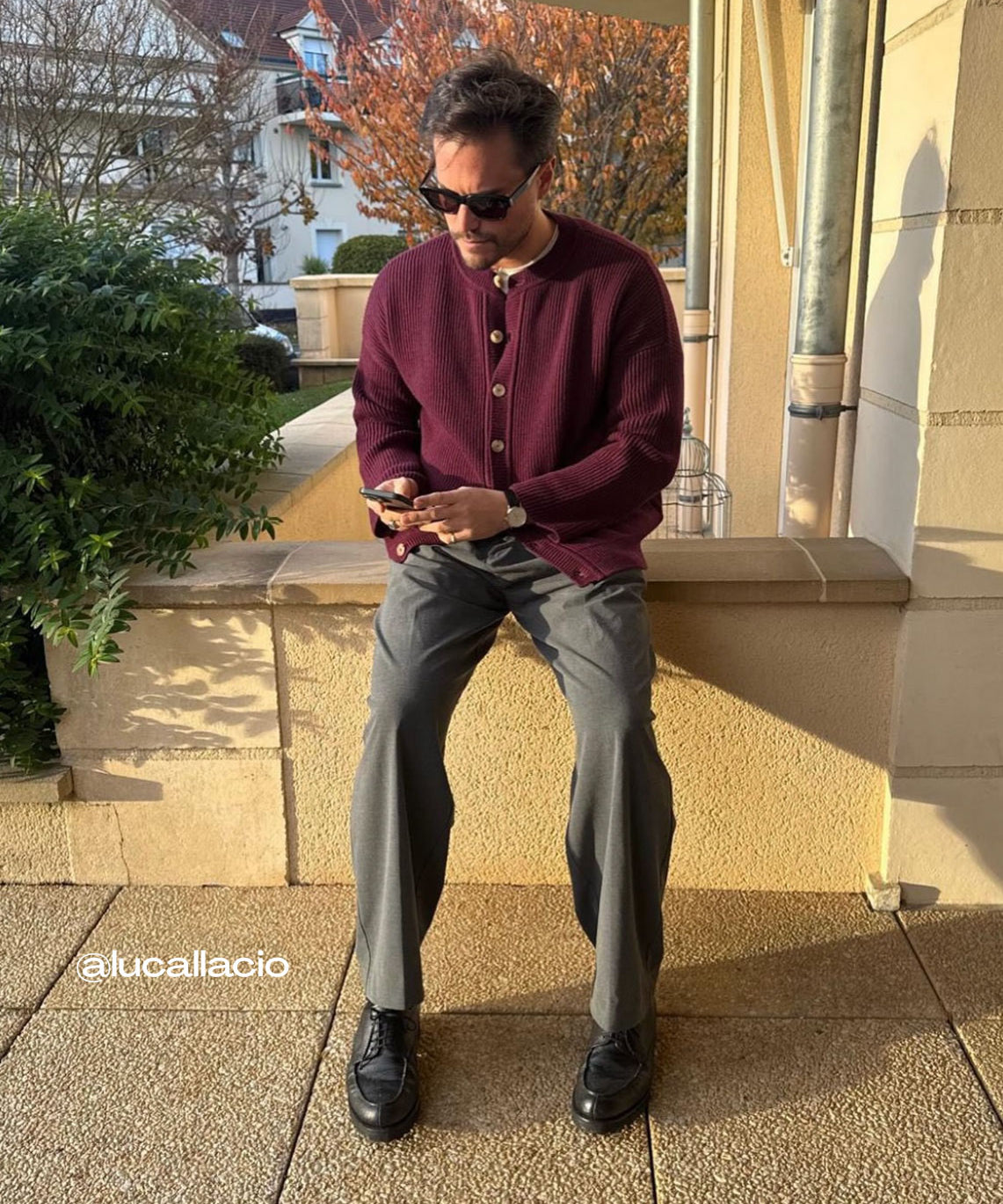 Luca Gallaccio influencer "lucallaccio" wearing the Linnea Lund cashmere cardigan Carole