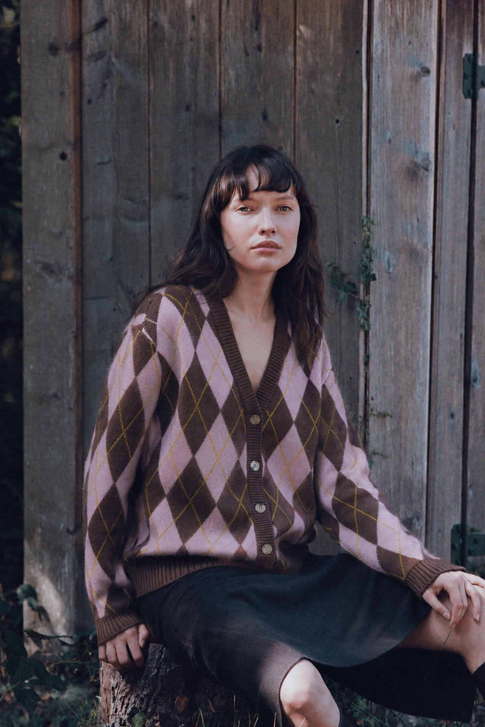 Brown jacquard cashmere cardigan women - worn | Ebbe | Linnea Lund 