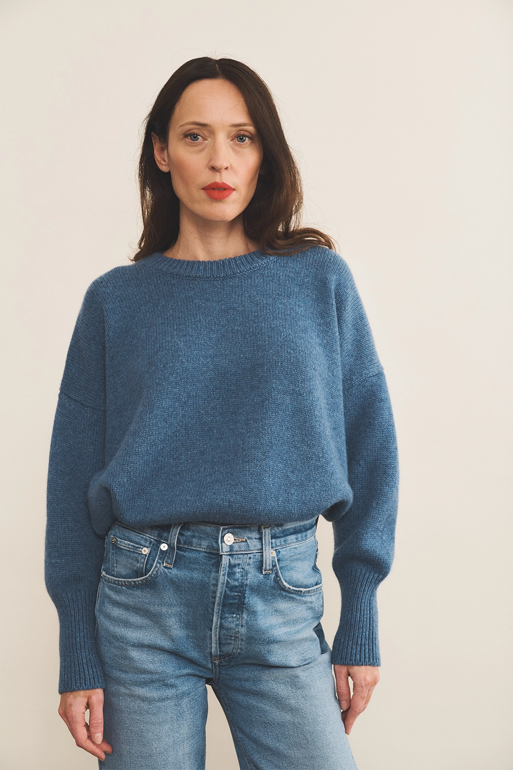 blue denim cashmere sweater women - front view | Francesca | Linnea Lund