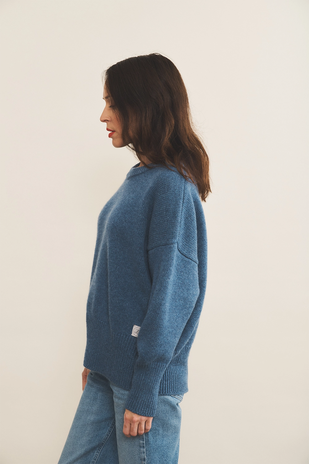 blue denim cashmere sweater women - side view | Francesca | Linnea Lund
